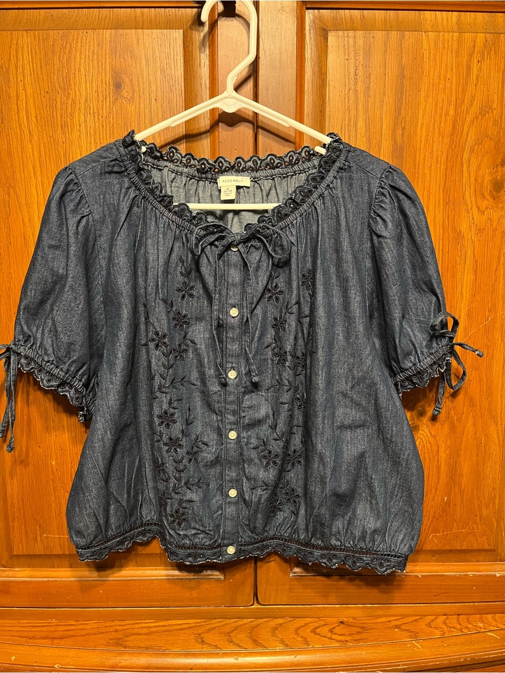 Embroidered blue Denim Button-Down Peasant Blouse